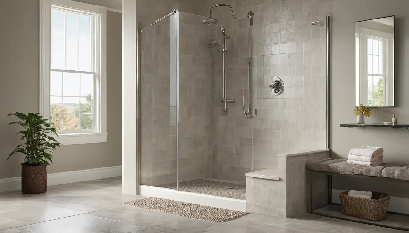 A walk-in shower with a seat and grab bar in a Hamel home